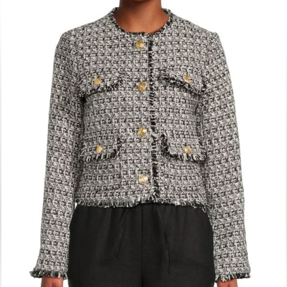 Joie Black White Tweed Fringe Blazer Gold Button Jacket NWT Size L Chic